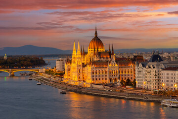 Hungarian parliament building and Danube river at sunset, Budapest, Hungary