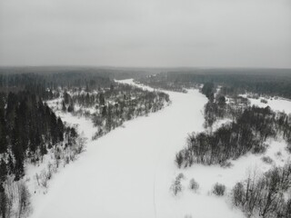 Aerial view of Medyanka river in winter (Murygino, Kirov region, Russia)