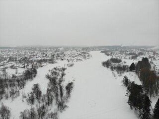 Aerial view of Medyanka river in winter (Murygino, Kirov region, Russia)
