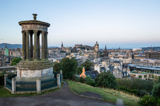 View of Edinburgh skyline from Calton Hill monument and landmark in Edinburgh downtown, Scotland, United Kingdom.