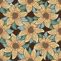 Six petal wildflower vector seamless pattern. Orange green botanical background with hand drawn meadow flowers in arts crafts style. Overlapping plant motifs. Vintage repeat for wellness, packaging