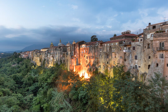 View of Sant Agata de Goti, a small medieval town in southern Italy at sunset, Benevento, Italy.