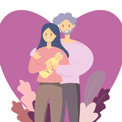 Vector isolated flat illustration with happy family. Young parents, mother and father, stand and holding a little newborn toddler. Parents feel love and care for the baby.