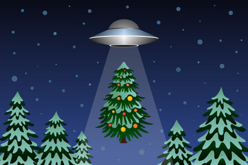 Flying saucer abducting Christmas tree. Vector illustration.