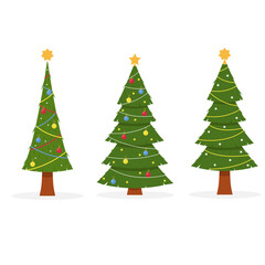 Set of vector decorated Christmas trees. Vector illustration.
