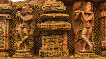 Carving sculpture of Lord Krishna on the Sukasari Temple, Bhubaneswar, Odisha, India. Built in...