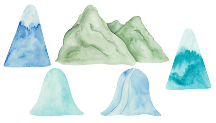 Watercolor illustration of hand painted high green mountain in grass and blue with snow on top. Isolated winter and spring clip art elements for design postcards, interior sticker, textile prints