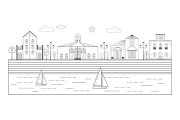 Obraz premium City street with modern houses, villas and a church. Monochrome cityscape with residential houses and shops. Solar panels and attics on the roofs of buildings. Sky with clouds and sun.
