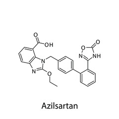 Azilsartan molecular structure, flat skeletal chemical formula. Angiotensin receptor blocker drug used to treat Hypertension, Heart failure, CAD. Vector illustration.