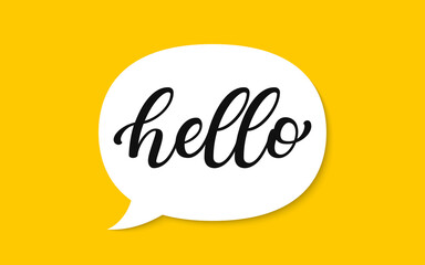 Hi, hello speech bubble. A speech bubble with the handwritten inscription "Hello" isolated on yellow background. Vector bright banner design