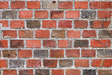 Red brick wall of old house, red brick texture, reliable brickwork masonry with bricklayer