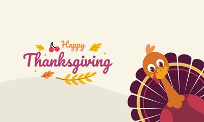 Vector illustration, happy thanksgiving, with cartoon character of turkey and autumn leaves, as banner, poster or greeting card.