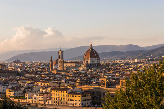 View of Santa Maria del Fiore cathedral from Piazzale Michelangelo in Florence downtown, Tuscany, Italy.
