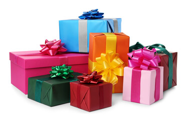 Colorful gift boxes with bows on white background