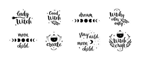 Set of hand drawn compositions about magic and witches. Cute doodle simple illustrations combined with brush calligraphy. 8 vector deigns isolated on white background. For sticker, print, card, etc.