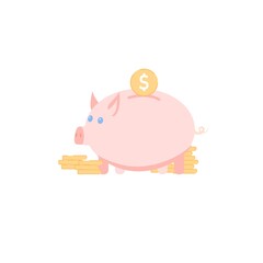 Vector cartoon flat piggy bank illustration.Moneybox for cash storing isolated on empty background-financial literacy,investments,budget money management concept,online web site ad banner design