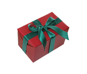 Red gift box with green bow isolated on white