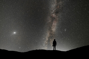 Silhouette of a person in the night. Bright milky way galaxy behind.