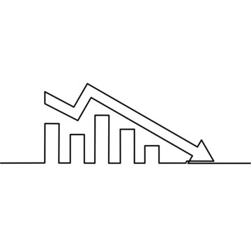 Continuous line drawing of arrow down, decline in business income, growth graph, bar chart, object one line, single line art, vector illustration