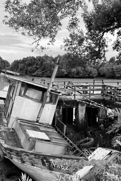 old dirty and abandone fishing boat