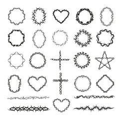 Set of monochrome prickly frames and symbols isolated on white background.
