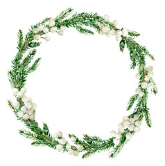 Watercolor Christmas wreath with watercolor hand drawn elements, Christmas tree branches and white berries, isolated on white background