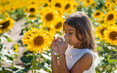 The child drinks water from a glass in a field of flowers. Selective focus.