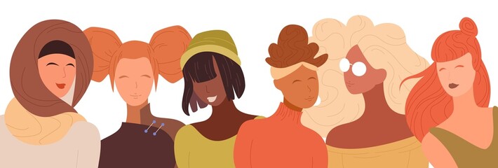 Obraz na płótnie Canvas Women of different nationalities and cultures strong together. Banner card for international woman day 8 march. Concept of friendship and union of feminists or sisterhood. Vector isolated illustration
