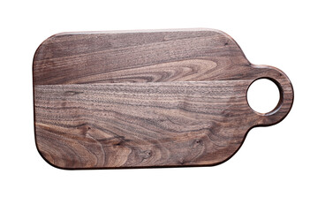 Walnut wooden cutting board with round handle hold isolated over a white background in flat lay...