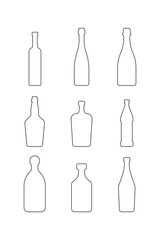 Vodka red wine champagne whiskey liquor beer tequila rum martini bottle. Alcoholic drink. Simple black line shapes isolated. Black and white illustration on white background. Flat symbol