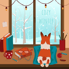 Dog lies on the table on a pillow and looks out the window. Outside the window is a winter landscape. Books, candies and mug of coffee on the table. Cozy winter. Vector illustration in flat style