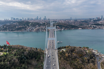 Aerial view of Patih Sultan Mehmet Koprusu, the main bridge crossing the Marmara Sea in Istanbul, Turkey.