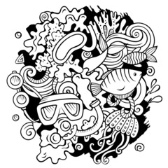 Diving cartoon vector doodles illustration.