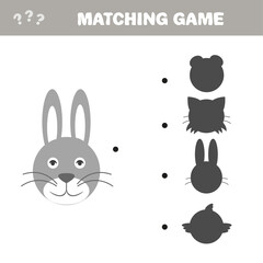Shadow matching game. Hare with different shadows to find the correct one, simple game level for preschool children