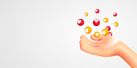 Cartoon hand hold flying like signs. Social media marketing, like notifications.