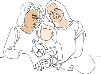 Happy mom and daughter show love and care in relations. Smiling young mother and small teen daughter rest at home hug and cuddle enjoy family weekend together. Vector illustration