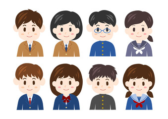 学生男女の顔のイラストセット