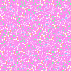 Science symbols seamless pattern on pink background. Repetitive vector illustration of science symbols. 