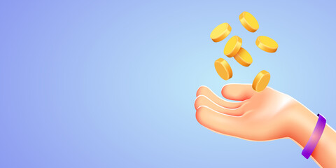 Cartoon Hand receives or gives money. Financial success, salary, growth income, savings or investment.