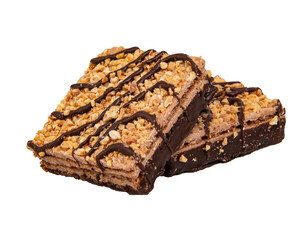 Tasty wafer snack with dropped nuts and chocolate isolated on the white background