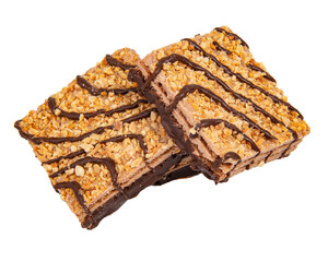 Tasty wafer snack with dropped nuts and chocolate isolated on the white background
