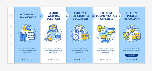 Fototapeta na wymiar Employee monitoring advantages onboarding vector template. Responsive mobile website with icons. Web page walkthrough 5 step screens. Work tracking color concept with linear illustrations
