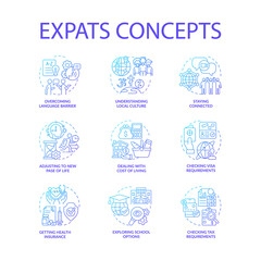 Expats blue gradient concept icons set. Emigration idea thin line color illustrations. Relocate for job and living. Change residence country. New language. Vector isolated outline drawings