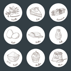 Baking Ingredients Engraved Illustration Stickers Set. Collection of hand drawn food sketches for logo, recipe, print, menu decorationand design
