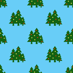 Seamless pattern. Image of green Christmas trees with balls on blue background. Symbol of New Year and Christmas. Template for application to surface. 3D image. 3d rendering