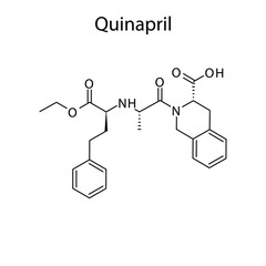 Quinapril molecular structure, flat skeletal chemical formula. ACE inhibitor drug used to treat Hypertension, Heart failure, CAD. Vector illustration.