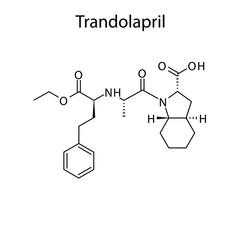 Trandolapril molecular structure, flat skeletal chemical formula. ACE inhibitor drug used to treat Hypertension, Heart failure, CAD. Vector illustration.