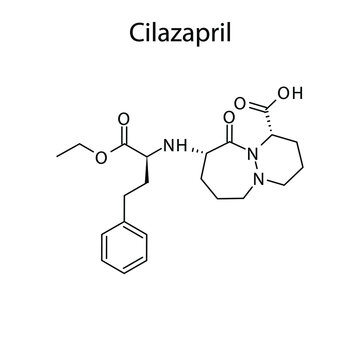 Cilazapril molecular structure, flat skeletal chemical formula. ACE inhibitor drug used to treat Hypertension, Heart failure, CAD. Vector illustration.