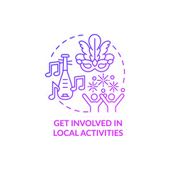 Get involved in local activities purple gradient concept icon. Adjusting to living abroad abstract idea thin line illustration. Engaging in cultural events. Vector isolated outline color drawing