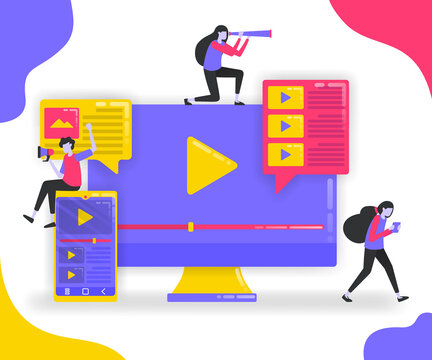 Illustration of play button and playlist. Monitor and smartphone with suscribe video, influencers looking for followers with video platform. flat vector concept for Landing page, website, mobile apps